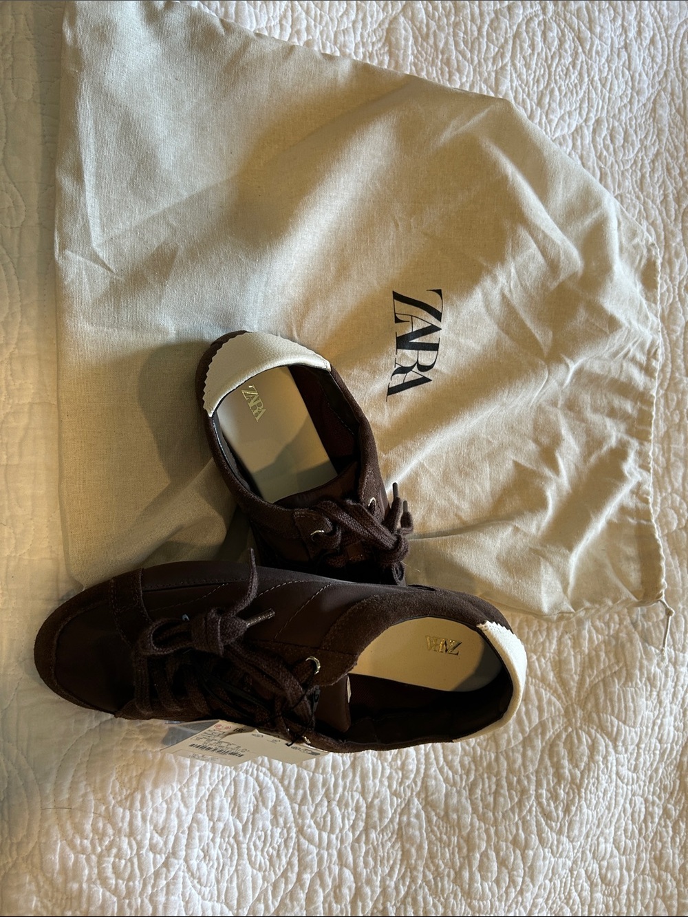 Zara Dark Brown Suede Sneakers with White Heel Accent